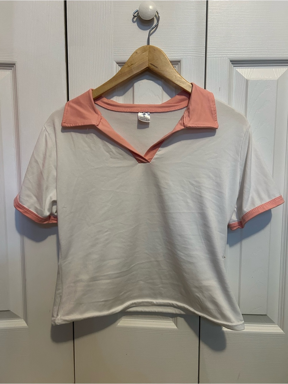 Women's White Polo Crop Top with Pink Trim
